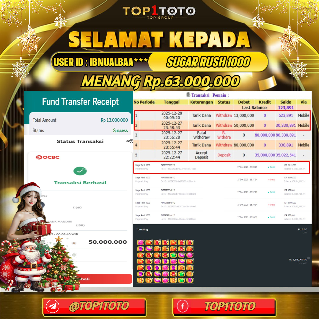TOP1TOTO JACKPOT SLOT SUGAR RUSH 1000 Rp.63.000.000 - LUNAS USER ID : IBNUALBAA***