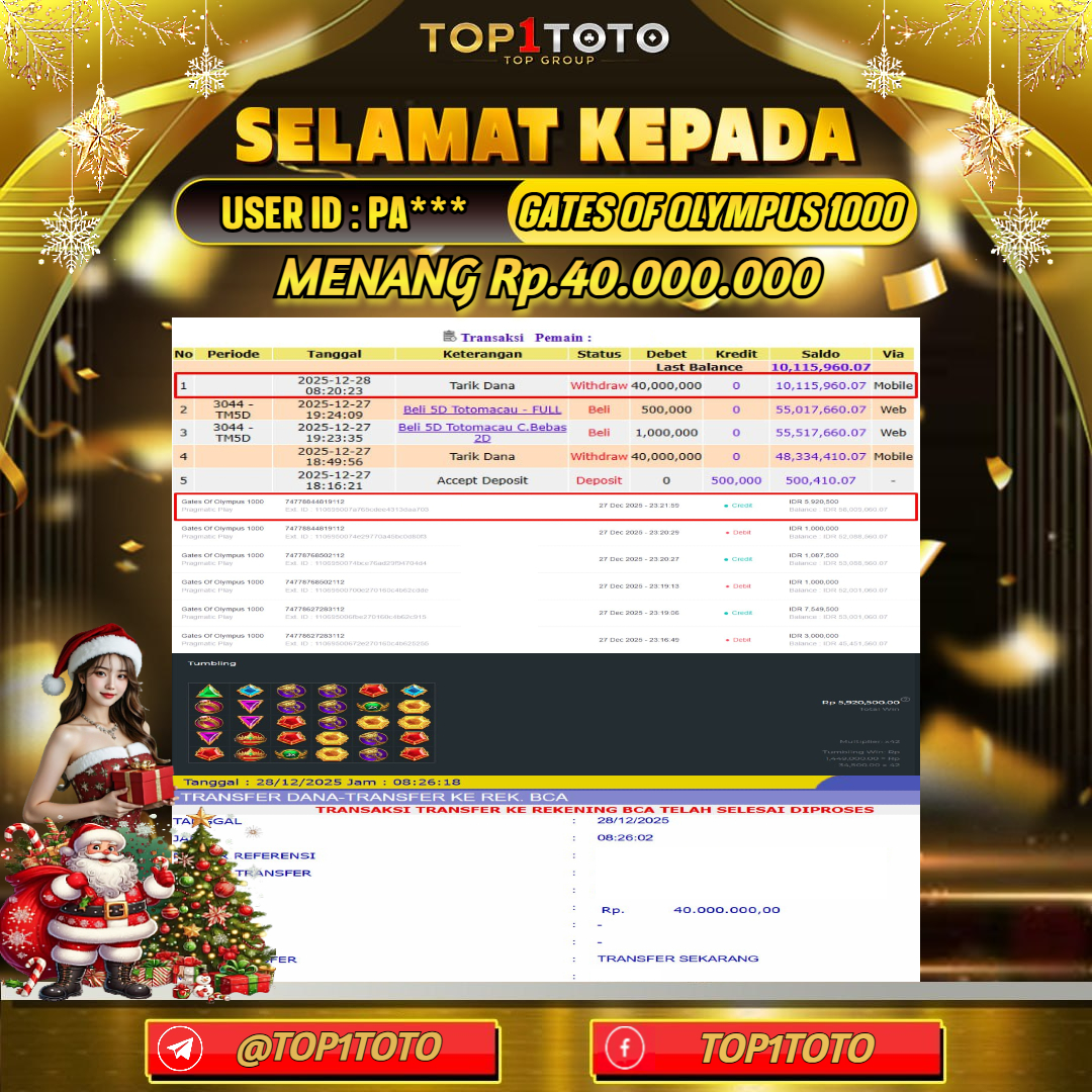 TOP1TOTO JACKPOT SLOT GATES OF OLYMPUS 1000 Rp 40.000.000 - LUNAS USER ID : PA***