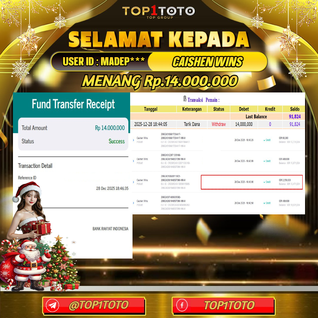 TOP1TOTO JACKPOT SLOT CAISHEN WINS Rp14.000.000 - LUNAS USER ID : MADEP***