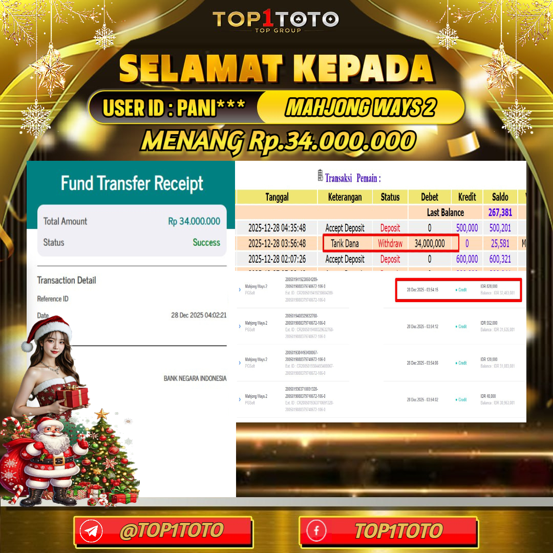 TOP1TOTO JACKPOT SLOT MAHJONG WAYS 2 Rp.34.000.000 - LUNAS USER ID : PANI***