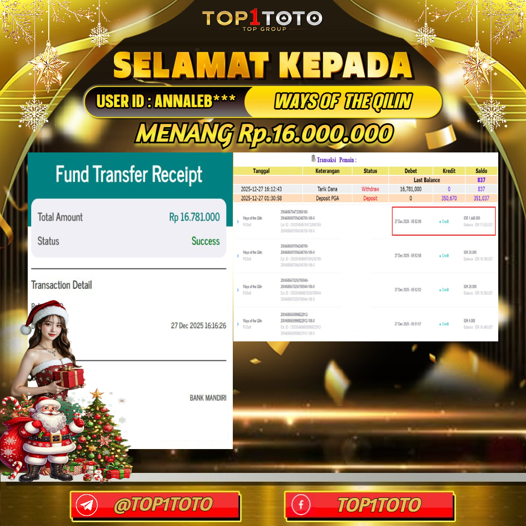 TOP1TOTO JACKPOT SLOT WAYS OF THE QILIN Rp.16.000.000 - LUNAS USER ID : ANNALEB***