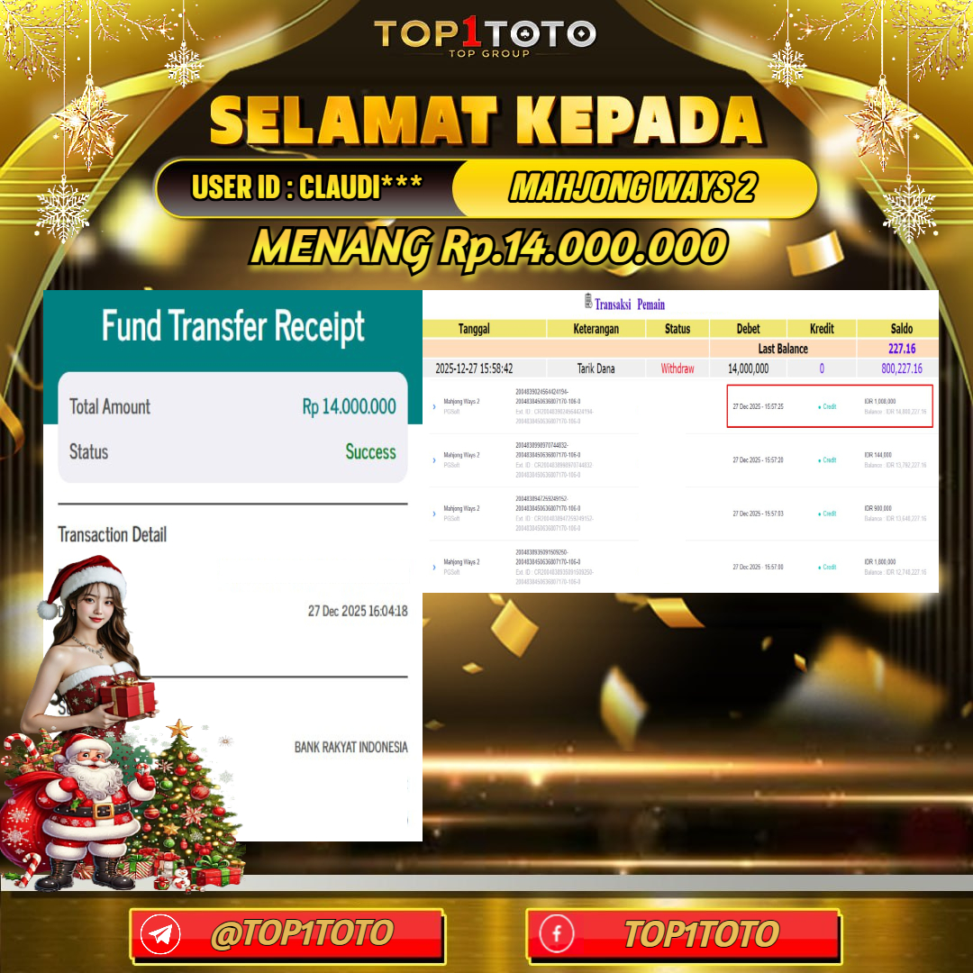 TOP1TOTO JACKPOT SLOT MAHJONG WAYS 2 Rp.14.000.000 - LUNAS USER ID : CLAUDI***