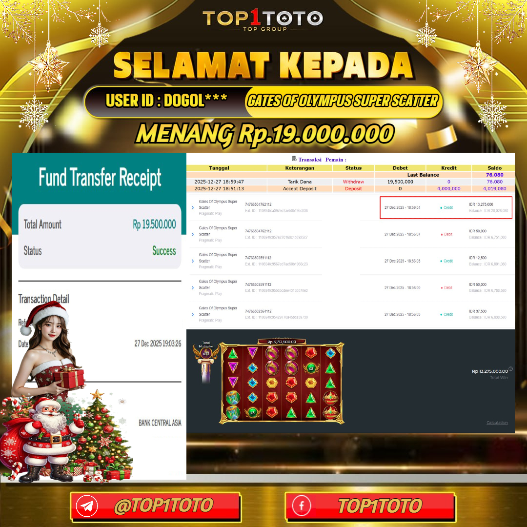 TOP1TOTO JACKPOT SLOT GATES OF OLYMPUS SUPER SCATTER Rp.19.000.000 - LUNAS USER ID : DOGOL***