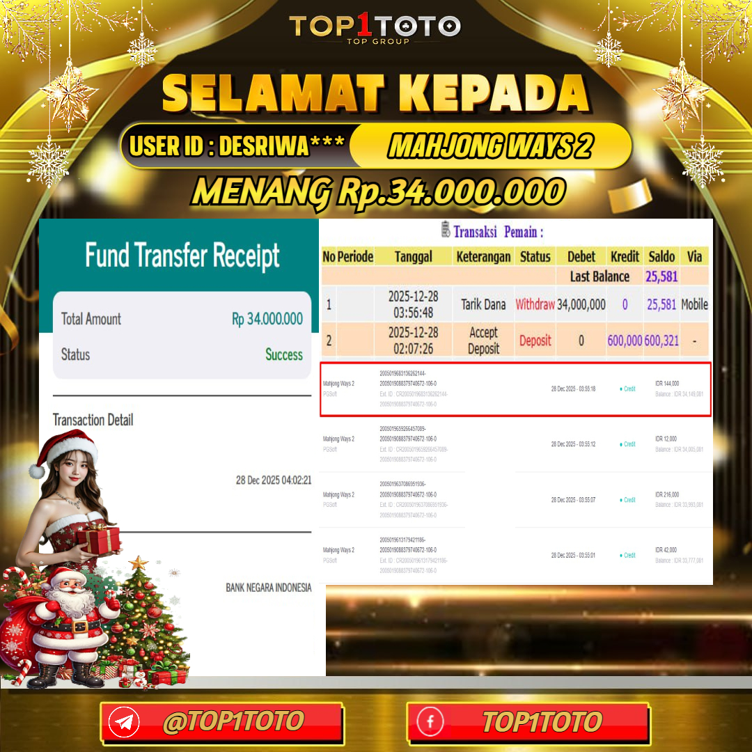 TOP1TOTO JACKPOT SLOT MAHJONG WAYS 2 Rp.34.000.000 - LUNAS USER ID : DESRIWA***